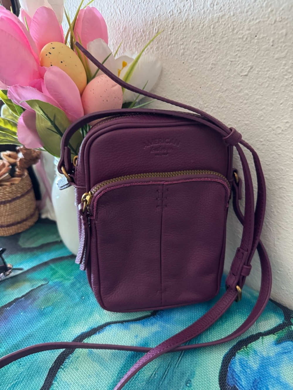 American Leather Purple Crossbody Bag with Gold-Tone Zip